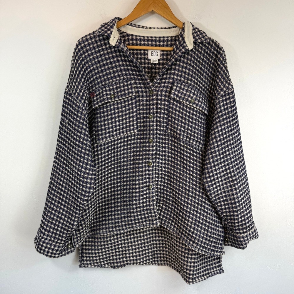 NWT BDG Urban Outfitters Geometric Utility Button Shirt‎ XS Oversized Blue White
